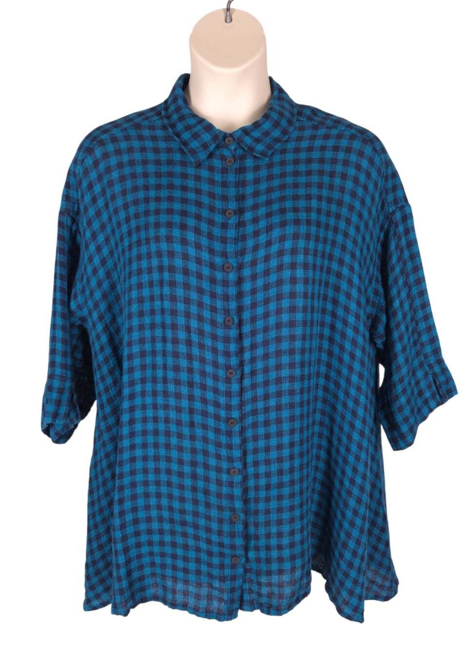 Grizas Plaid Tunic Shirt US 2X 20 EU 50 Womens Blue Black Linen $220